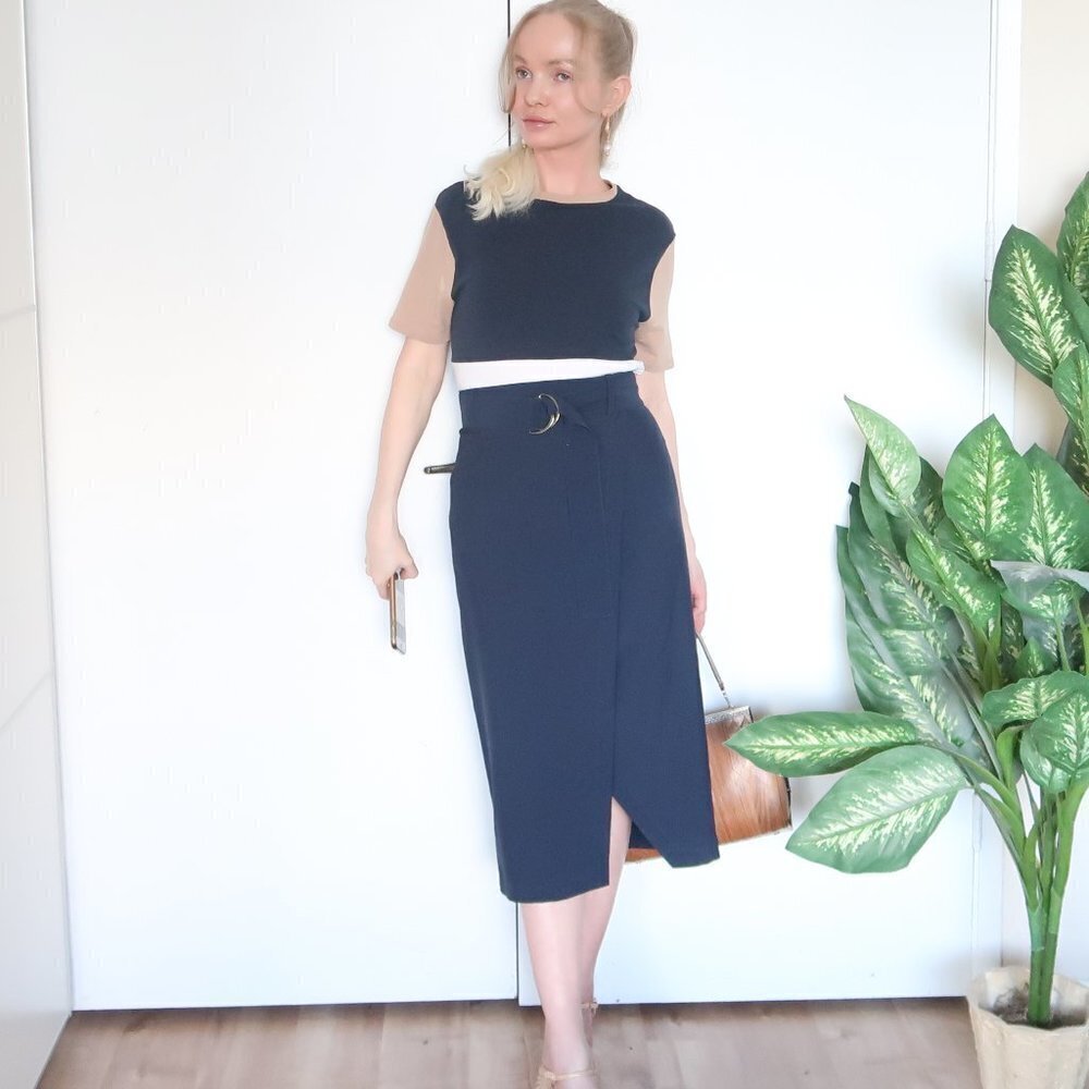 Zarina Smart Navy Blue False Wrap Midi Career Pencil Skirt With Belt S